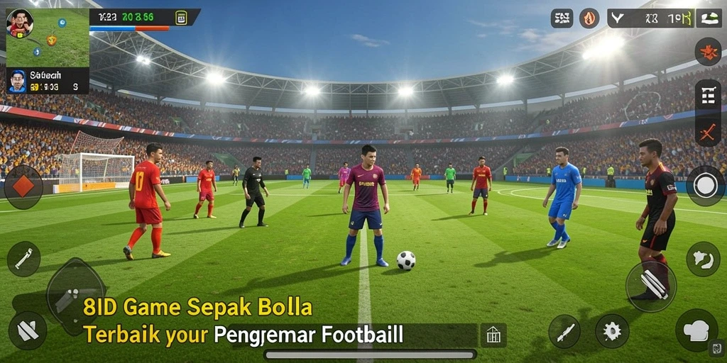 Screenshot gameplay yang menunjukkan aksi pertandingan sepak bola yang seru.