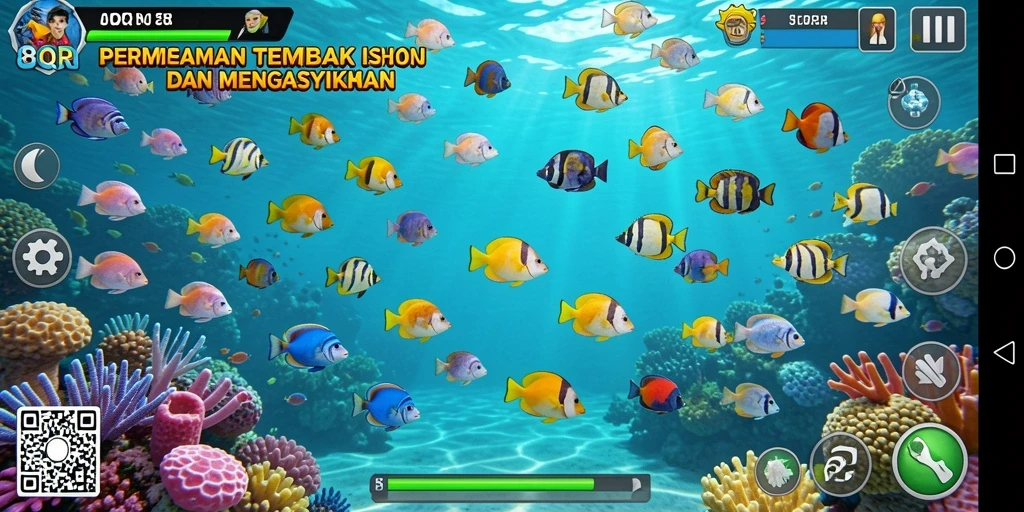 Tampilan gameplay seru di 8QR, menangkap ikan dan bersaing dengan pemain lainnya.