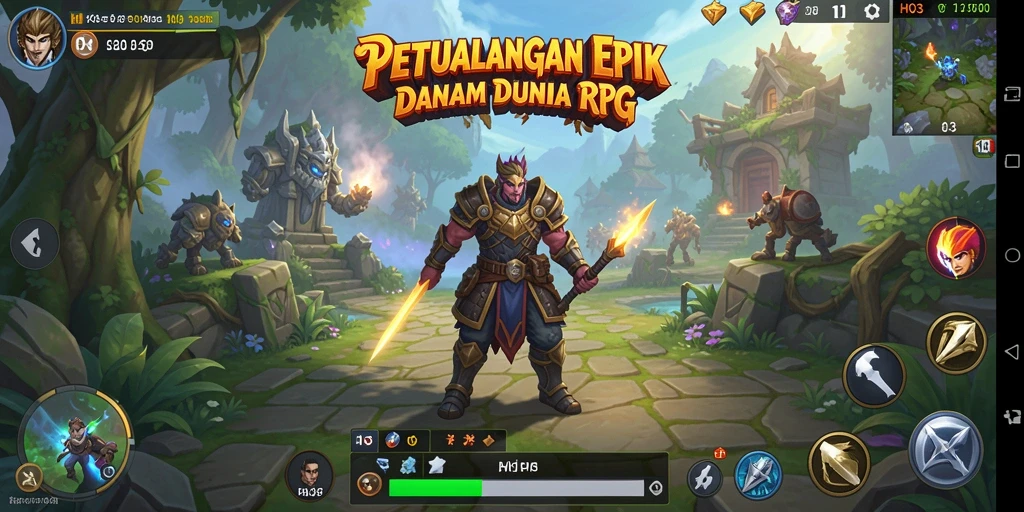 Screenshot H03 menampilkan karakter dalam pertempuran epik di dunia fantasi.