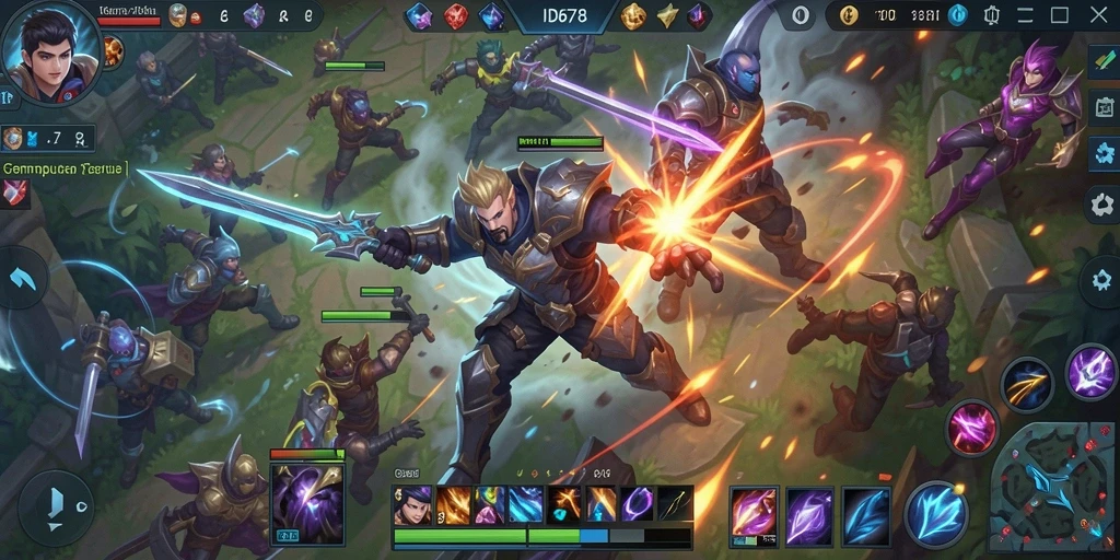 Screenshot utama ID678 menampilkan aksi seru dalam pertempuran MOBA.